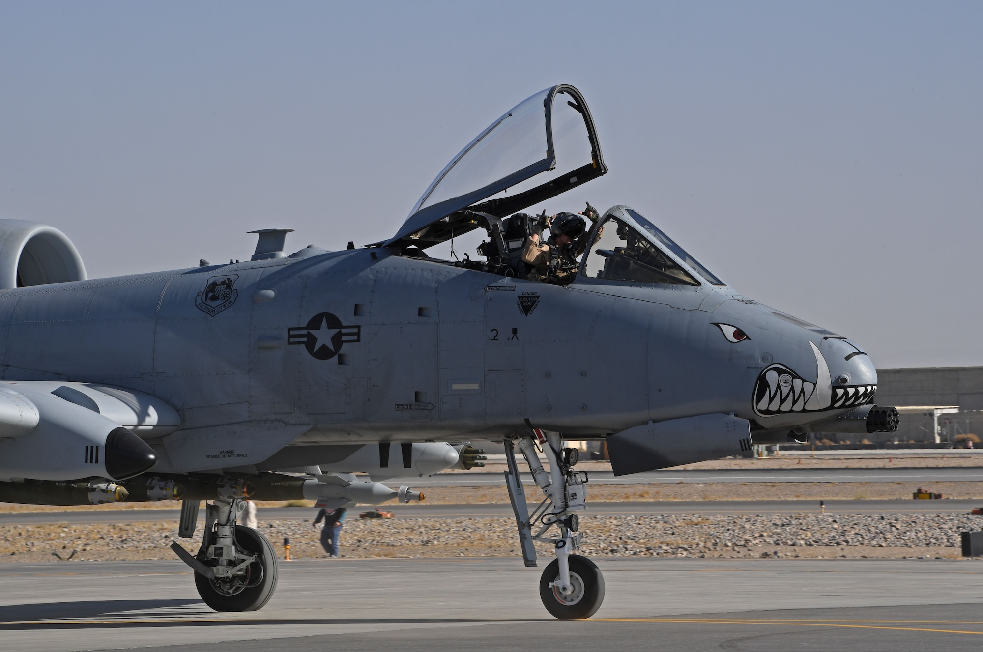 An A-10 Thunderbolt II pilot, assigned to Whiteman Air Force Base, prepares to take-off from Kandahar Airfield, Afghanistan, Jan. 20, 2018.