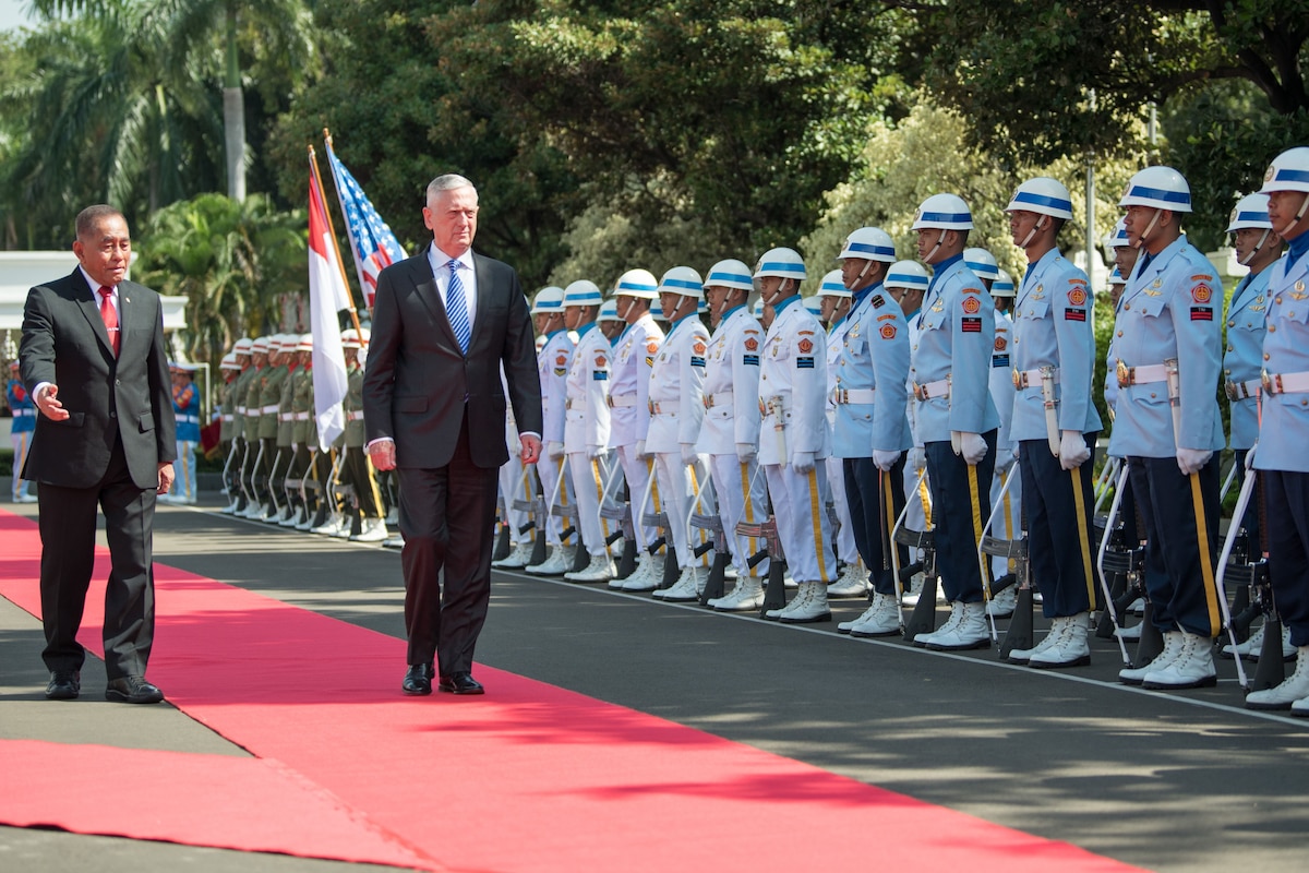 Defense Secretary James N. Mattis walks with the Indonesian defense minister during a pass and review.
