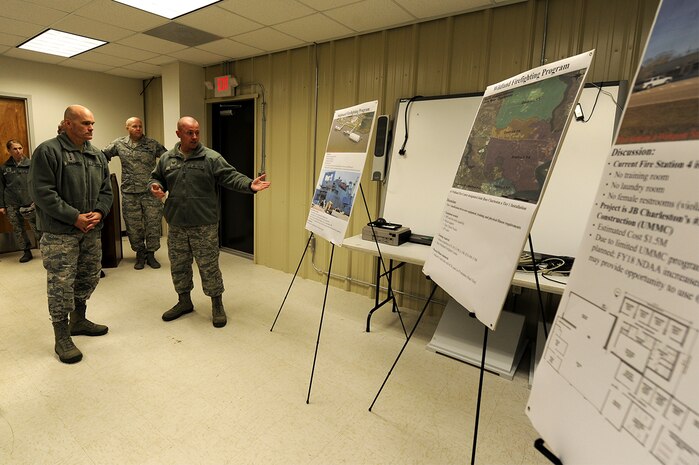 U.S. Air Force Tech. Sgt. Robert Russell, right, 628th Civil Engineer Squadron, Non-Commissioned Officer in Charge of Logistics for Fire Emergency Services, briefs U.S. Air Force General Carlton D. Everhart, commander, Air Mobility Command, Scott Air Force Base, Ill., on the shipboard firefighting program here, Jan.17, 2018. Everhart visited Mobility Airmen from various units at Joint Base Charleston to gain valuable insight of their mission successes along with the challenges they may face while executing rapid global mobility.