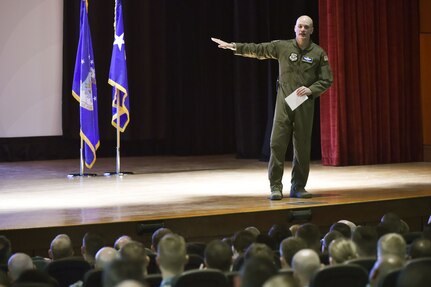 U.S. Air Force Gen. Carlton D. Everhart, commander of Air Mobility Command, Scott Air Force Base Ill., talks with Joint Base Charleston service members during an all call here Jan. 19. Everhart visited Mobility Airmen and joint partners from various units at Joint Base Charleston to gain valuable insight into their mission successes along with the challenges they may face while executing rapid global mobility.