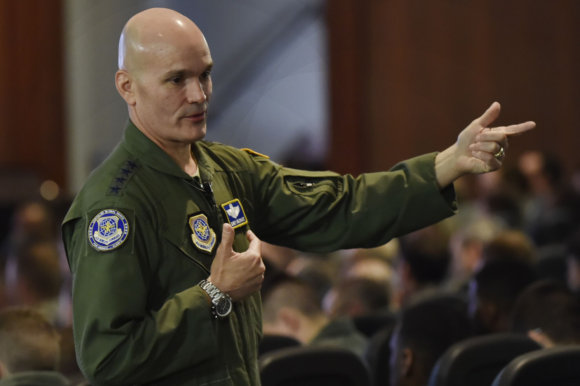 U.S. Air Force Gen. Carlton D. Everhart, commander of Air Mobility Command, Scott Air Force Base Ill., talks with Joint Base Charleston service members during an all call here Jan. 19. Everhart visited Mobility Airmen and joint partners from various units at Joint Base Charleston to gain valuable
insight into their mission successes along with the challenges they may face while executing rapid global mobility.