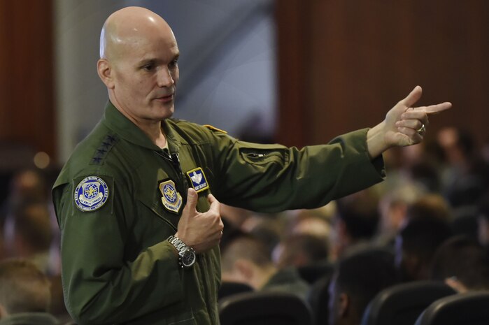 U.S. Air Force Gen. Carlton D. Everhart, commander of Air Mobility Command, Scott Air Force Base Ill., talks with Joint Base Charleston service members during an all call here Jan. 19. Everhart visited Mobility Airmen and joint partners from various units at Joint Base Charleston to gain valuable
insight into their mission successes along with the challenges they may face while executing rapid global mobility.