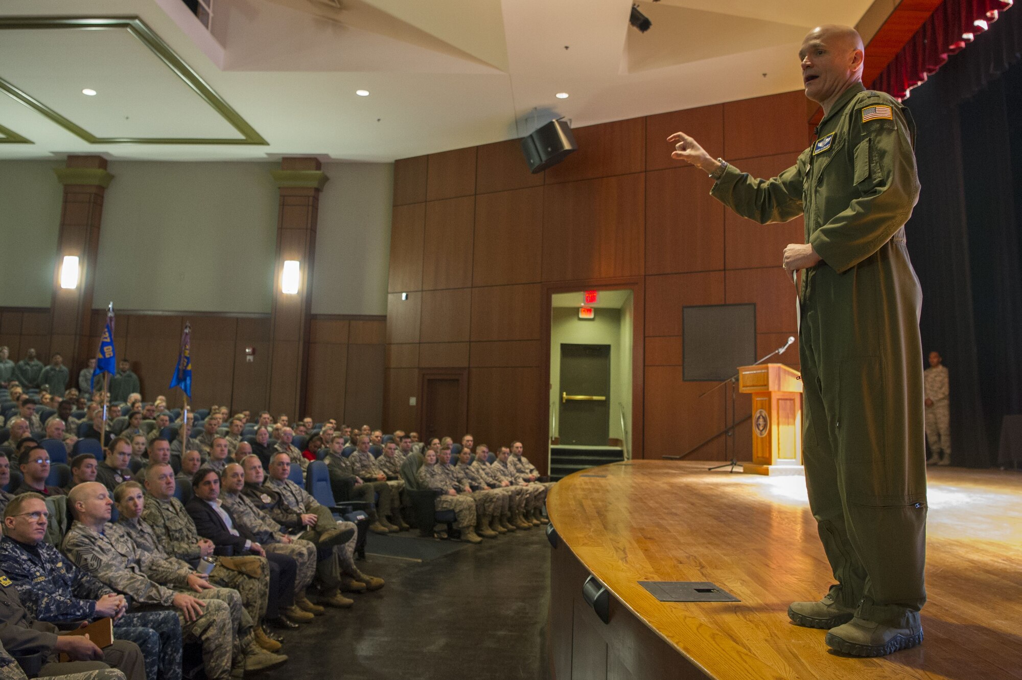 U.S. Air Force Gen. Carlton D. Everhart, commander of Air Mobility Command, Scott Air Force Base Ill., talks with Joint Base Charleston service members during an all call here Jan. 19. Everhart visited Mobility Airmen and joint partners from various units at Joint Base Charleston to gain valuable insight into their mission successes along with the challenges they may face while executing rapid global mobility.