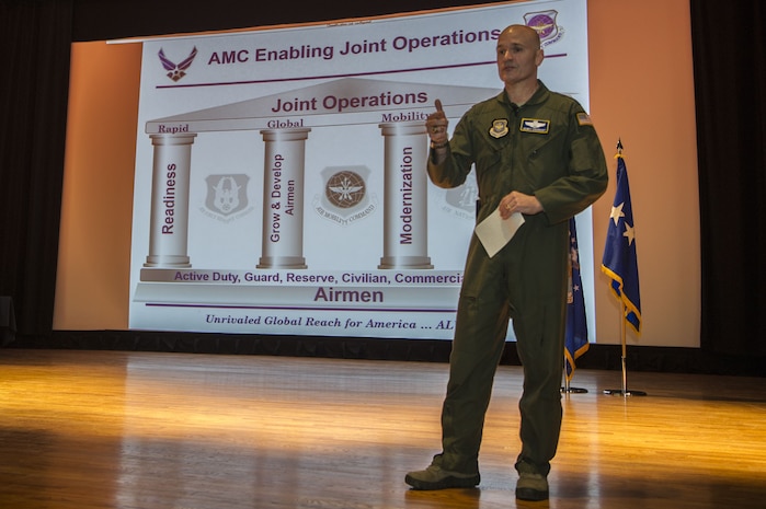 U.S. Air Force Gen. Carlton D. Everhart, commander of Air Mobility Command, Scott Air Force Base Ill., talks with Joint Base Charleston service members during an all call here Jan. 19. Everhart visited Mobility Airmen and joint partners from various units at Joint Base Charleston to gain valuable insight into their mission successes along with the challenges they may face while executing rapid global mobility.