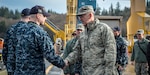 BANGOR, Wash. (Jan. 18, 2018) - U.S. Air Force Gen. John Hyten (right), commander of U.S. Strategic Command, arrives at the Ohio-class ballistic missile submarine USS Pennsylvania (SSBN 735) and shakes hands with Gold Crew Chief of the Boat, U.S. Navy, Master Chief Missile Technician (SS) Petty Officer Dylan Lapinski, at Naval Base Kitsap-Bangor, Wash., Jan 18, 2018. Hyten visited staff and facilities assigned to Commander Submarine Group 9  to see the operations of one leg of the nuclear triad.