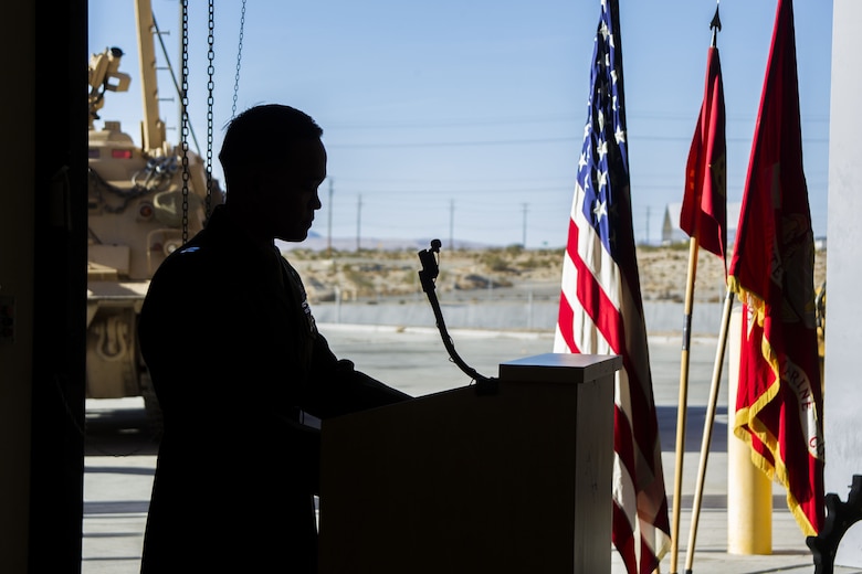 Captain Christopher Silva, inspector instructor, Delta Company, 4th Tank Battalion, speaks at a memorial held for Staff Sgt. Enrico Antonio Rojo aboard the Marine Air Ground Combat Center, Twentynine Palms, Calif., Jan. 21, 2018. He served in the Marine Corps Reserve from 2009-2016. Staff Sgt. Rojo was awarded a Navy and Marine Corps Medal for attempting to help the victim of a car accident on December 16, 2016. (U.S. Marine Corps photo by Pfc. Rachel K. Porter)