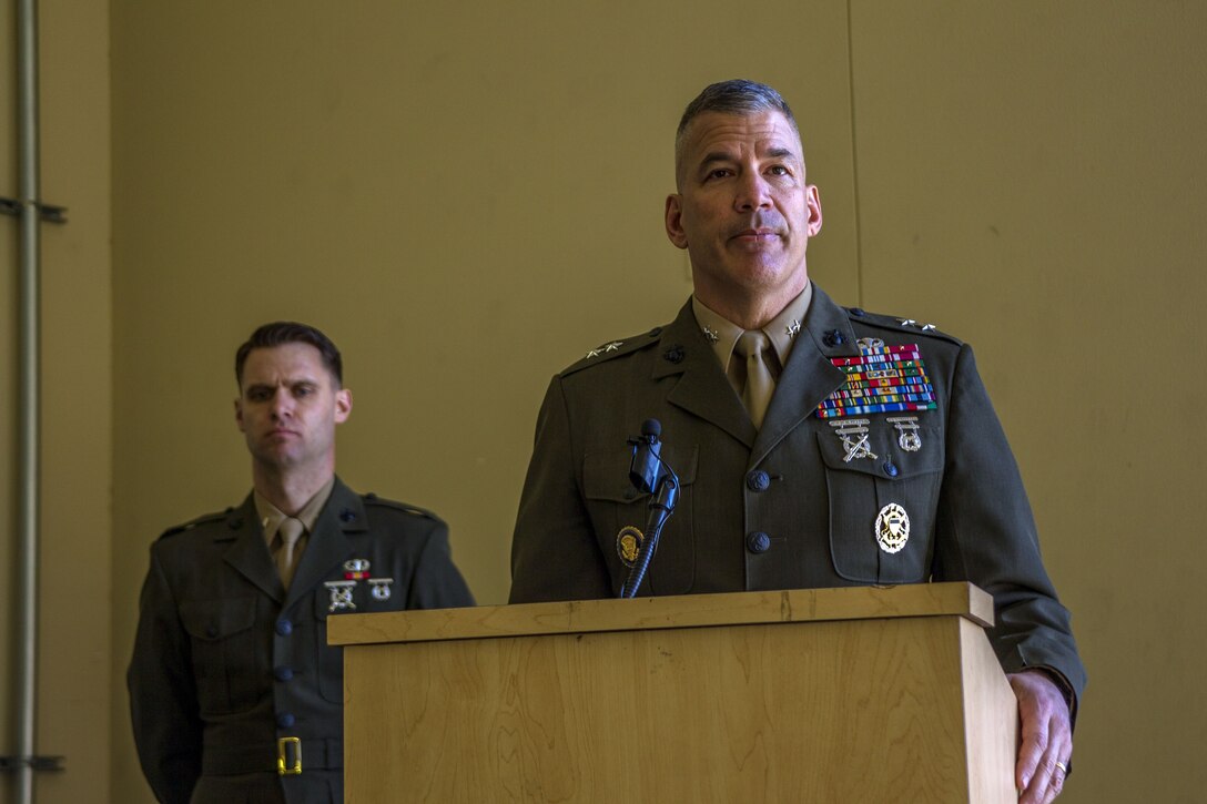 Major General William F. Mullen III, Commanding General, Marine Air Ground Task Force Training Command, Marine Corps Air Ground Combat Center, gives remarks at a memorial for Staff Sgt. Enrico Antonio Rojo aboard the Marine Corps Air Ground Combat Center, Twentynine Palms, Calif., Jan. 21, 2018. He served in the Marine Corps Reserve from 2009-2016. Staff Sgt. Rojo was awarded a Navy and Marine Corps Medal for attempting to help the victim of a car accident on December 16, 2016. (U.S. Marine Corps photo by Pfc. Rachel K. Porter)