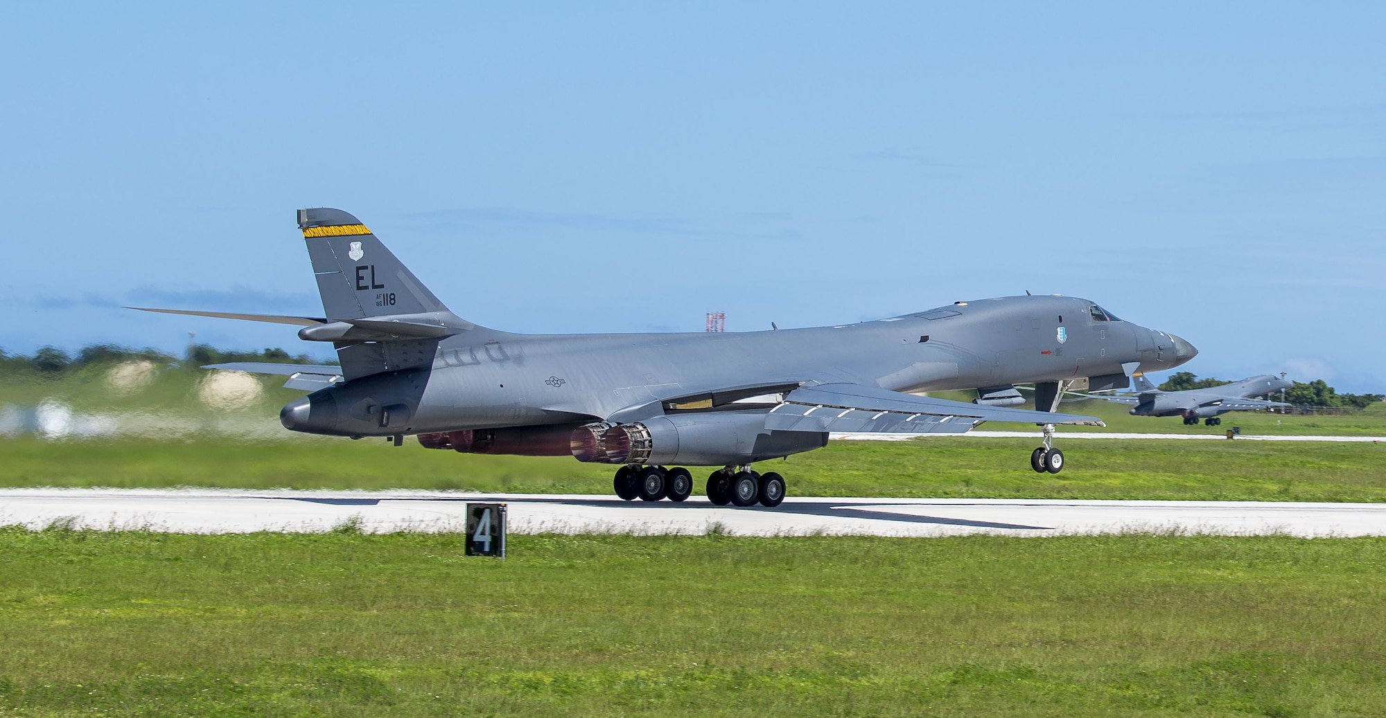 A U.S. Air Force B-1B Lancer assigned to the 37th Expeditionary Bomb Squadron, deployed from Ellsworth Air Force Base (AFB), S.D., takes off from Andersen AFB, Guam, Oct. 21, 2017. After departing from Andersen, two B-1B bombers conducted an 11-hour mission in the vicinity of the Korean Peninsula and Japan. The mission included sequential bilateral integration with Koku Jieitai (Japan Air Self-Defense Force) and Republic of Korea air forces before continuing over land to support a flyover for the 2017 Seoul International Aerospace and Defense Exhibition (Seoul ADEX 17). (U.S. Air Force photo by Airman 1st Class Christopher Quail)