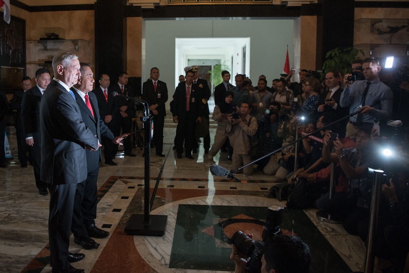 Defense Secretary James N. Mattis meets with Indonesian Defense Minister Ryamizard Ryacudu during a visit to Jakarta, Indonesia.