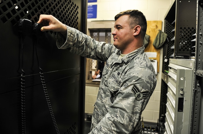 Senior Airman Adam Gabriel, 628th Security Forces Squadron armorer, returns equipment to the armory Jan. 12, 2018, at Joint Base Charleston, S.C.