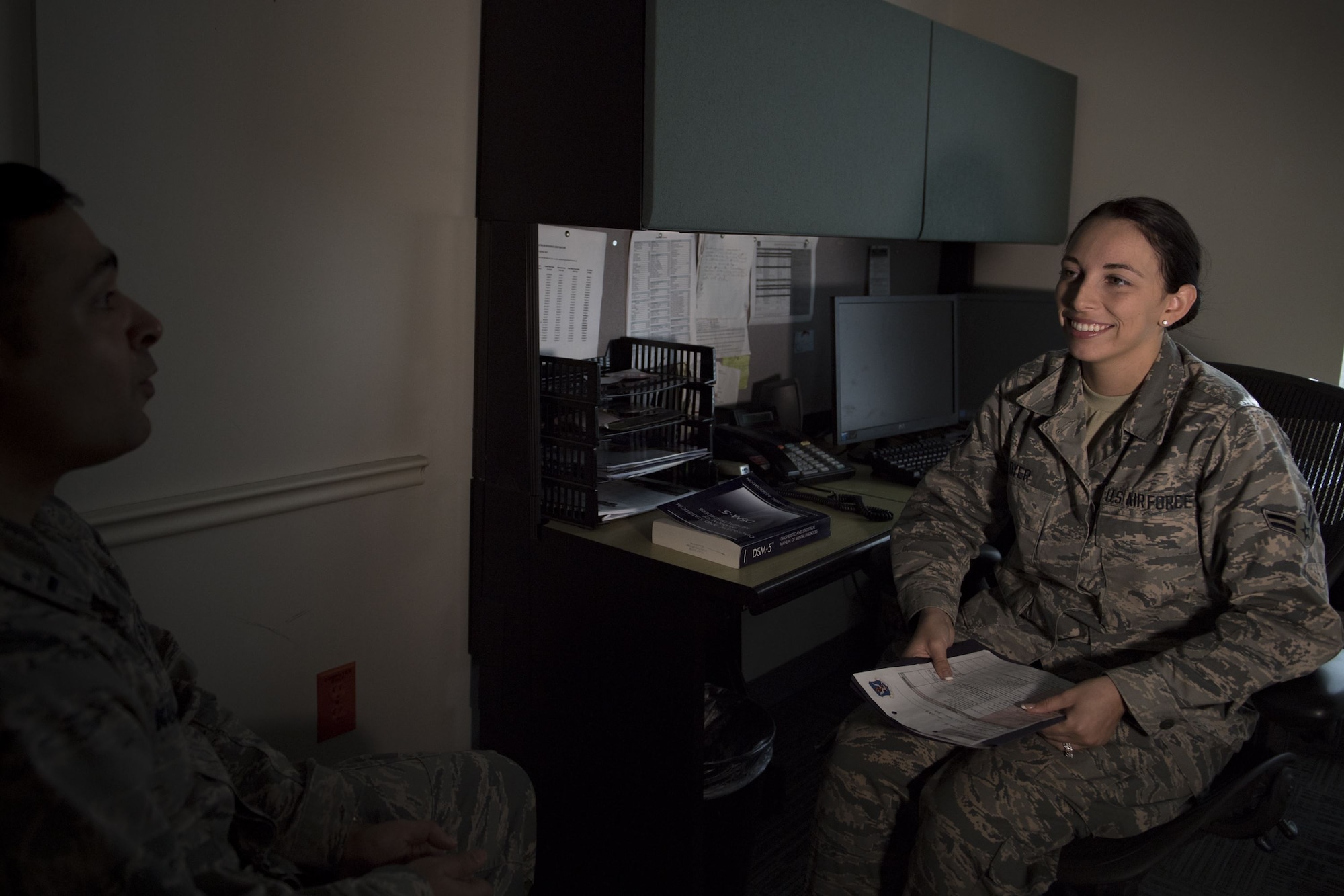 Airman 1st Class Kelly Dyer, 23d Medical Operations Squadron mental health technician, simulates assessing a patient, Jan. 19, 2018, at Moody Air Force Base, Ga. The Biomedical Science Corps became the most diverse corps in the Air Force Medical Services when the Chief of Staff of the Air Force signed a special order on Jan. 28, 1965. (U.S. Air Force photo by Senior Airman Daniel Snider)