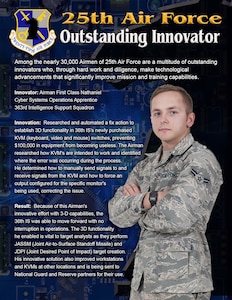 Airman 1st Class Nathaniel, a cyber systems operations apprentice, researched and automated a fix action to establish 3D functionality in 36 IS’s newly purchased KVM (Keyboard, Video and Mouse) switches.
