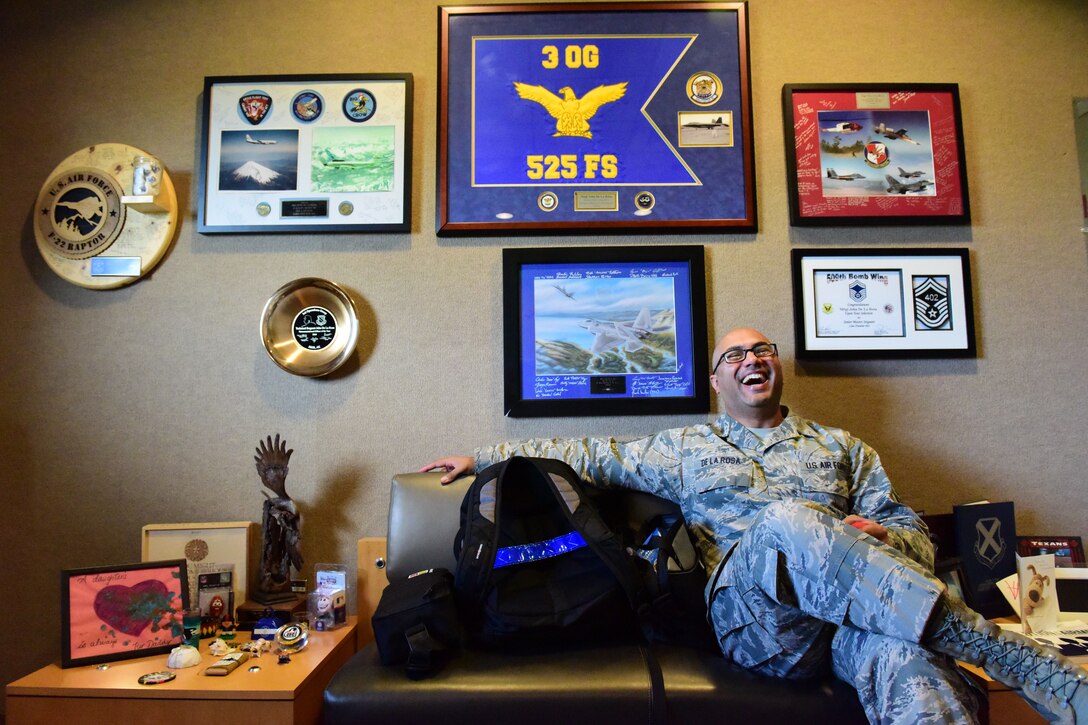 U.S. Air Force Senior Master Sgt. John De La Rosa, the career assistant advisor assigned to the 509th Force Support Squadron. Enjoys a moment of reflection about the First Term Airman Course at Whiteman Air Force Base, Mo., Aug. 16, 2017. De La Rosa has been the CAA at Whiteman since April 2015, and has seen a positive impact on first-term Airmen since Airmanship 300 has been incorporated in FTAC. (U.S. Air Force photo by Staff Sgt. Danielle Quilla)