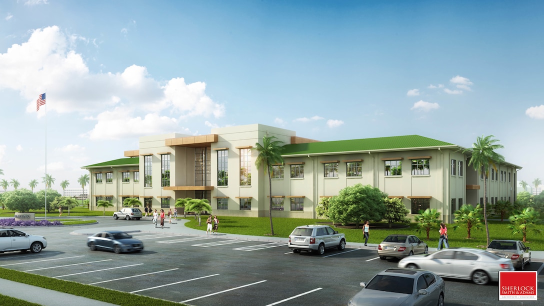 A concept illustration of how the Naval Branch Health Clinic is expected to look after construction has completed that will be located on Marine Corps Base Hawaii, Jan. 11, 2017. The new facility will open in April 2019, which will benefit U.S. service members and their families with timely medical care from other clinics from the base under one roof. The 96,000 square feet structure will promote mission readiness by having two stories encompassing services such as a pharmacy, physical therapy and primary health care. (Courtesy photo provided by Navy Medicine West)