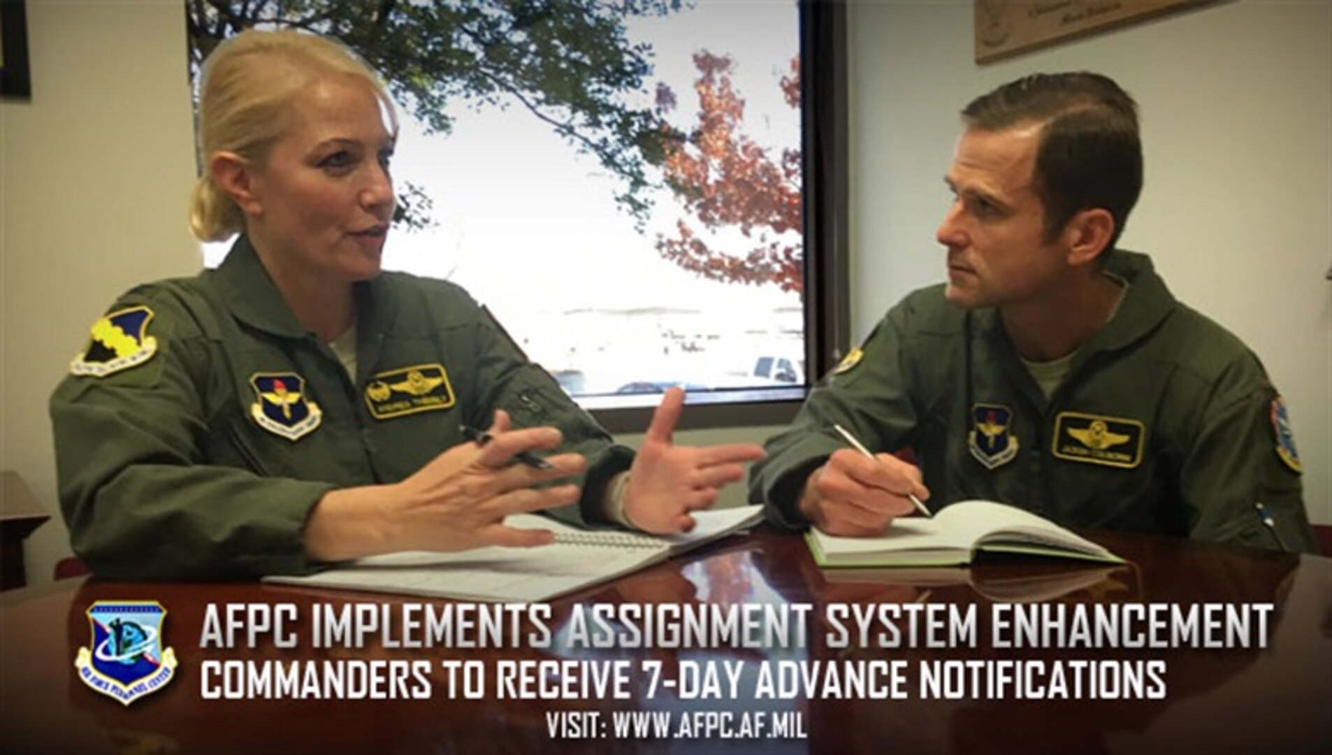 Col. Andrea Themely (left), 80th Flying Training Wing commander, talks to Lt. Col. Jason Colborn Dec. 20, 2017, about the opportunity he will have as the first detachment commander of a new unit called Pilot Training Next. The initiative, led by Air Education and Training Command Commander Lt. Gen. Steven Kwast, will rely on different technologies to make a more efficient pathway for the Air Force to train and create pilots. Colborn was hand-picked for the position and will take leadership of the Austin, Texas-based detachment.