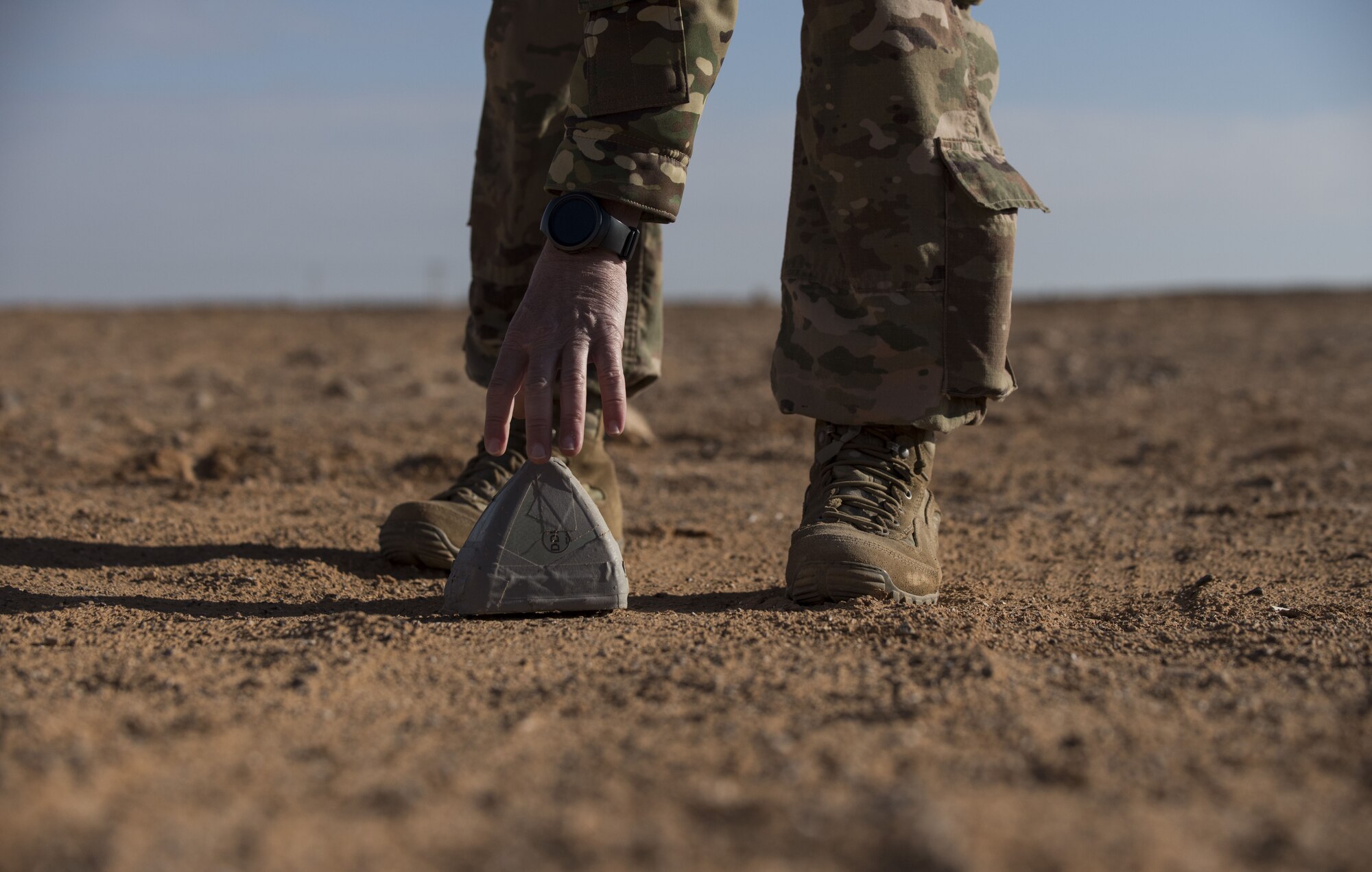 Staff Sgt. Zachary Green, assigned to the 332d Expeditionary Security Forces Squadron, recovers the nose portion a Raven B Digital Data Link drone via remote control after a demonstration Jan. 24, 2018 in Southwest Asia. Because it’s intended for use in austere locations, the Raven B is designed to break apart into segments upon landing and can be quickly and easily re-assembled. (U.S. Air Force photo by Staff Sgt. Joshua Kleinholz)