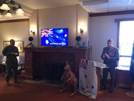 Australian Army Col. Gregory Novak (right), Australian liaison to U.S. Strategic Command (USSTRATCOM), delivers remarks to commemorate Australia Day during a recognition event at Offutt Air Force Base, Neb., Jan. 23, 2018. Novak hosted USSTRATCOM leaders and liaison officers from the United Kingdom, Denmark, Canada and the Republic of Korea at the event. Australia Day is celebrated on January 26 each year on the anniversary of Britain’s First Fleet arriving at Port Jackson, New South Wales in 1788. (U.S. Navy photo by Capt. Brook DeWalt)