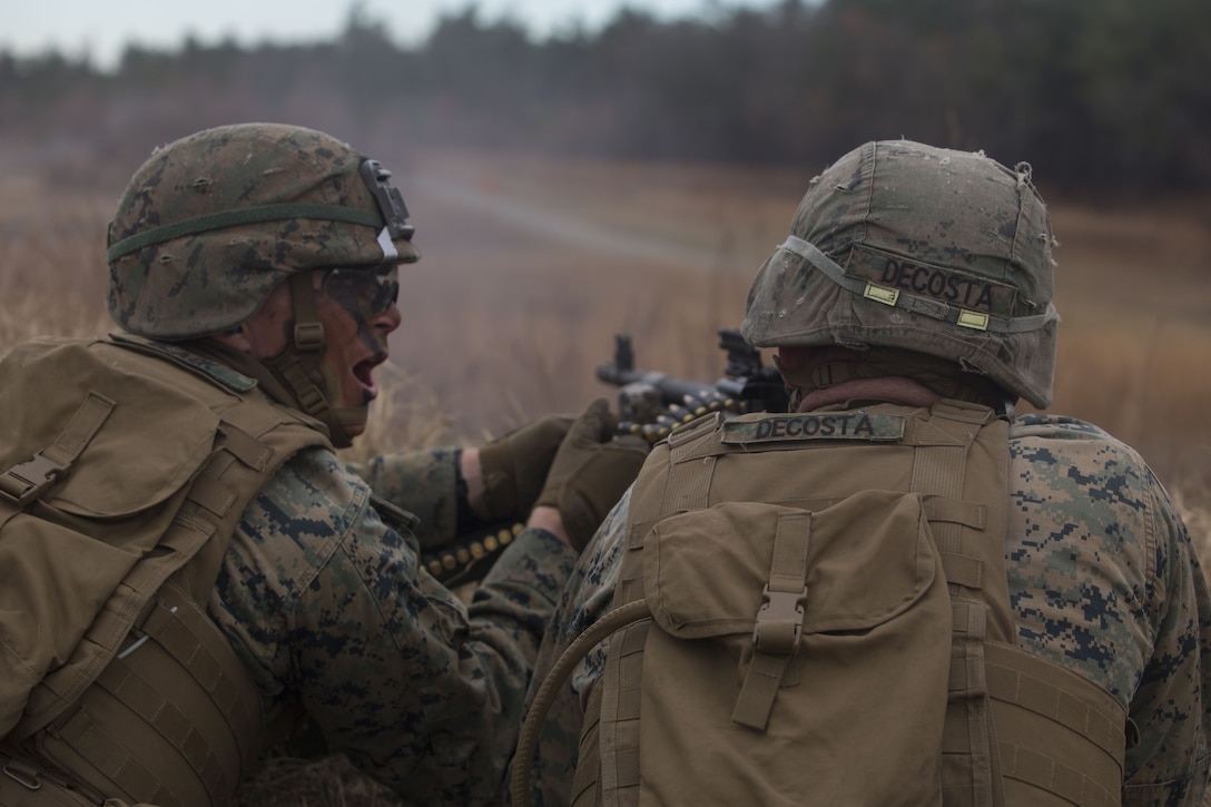 Marines with 2nd Battalion, 8th Marine Regiment provide suppressing fire with an M240 machine gun at a platoon live-fire range during a deployment for training exercise at Fort A.P. Hill, Va., Dec. 7, 2017. The Marines are conducting the training to maintain proficiency at the squad, platoon, company, and battalion-level of warfighting in preparation for an upcoming deployment to Japan. The Marines patrolled, detonated Bangalore torpedoes to breach obstacles, threw M67 fragmentation grenades to clear trenches, and conducted live-fire movements to take an objective. (U.S. Marine Corps photo by Lance Cpl. Ashley McLaughlin)