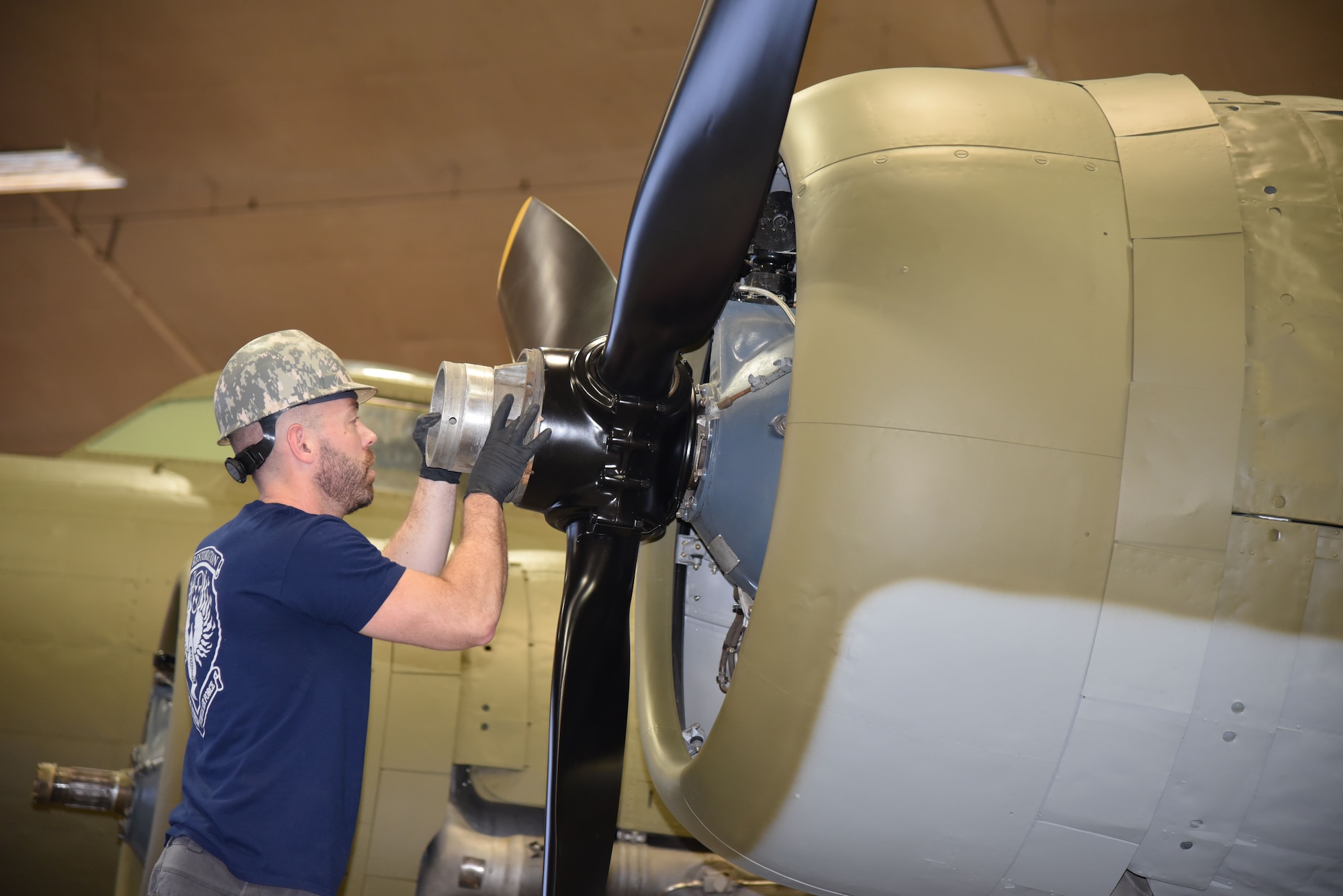 (01/23/2018) -- National Museum of the U.S. Air Force restoration crews installing propeller number one on the Boeing B-17F Memphis Belle™. Plans call for the aircraft to be placed on permanent public display in the WWII Gallery here at the National Museum of the U.S. Air Force on May 17, 2018. (U.S. Air Force photo by Ken LaRock)