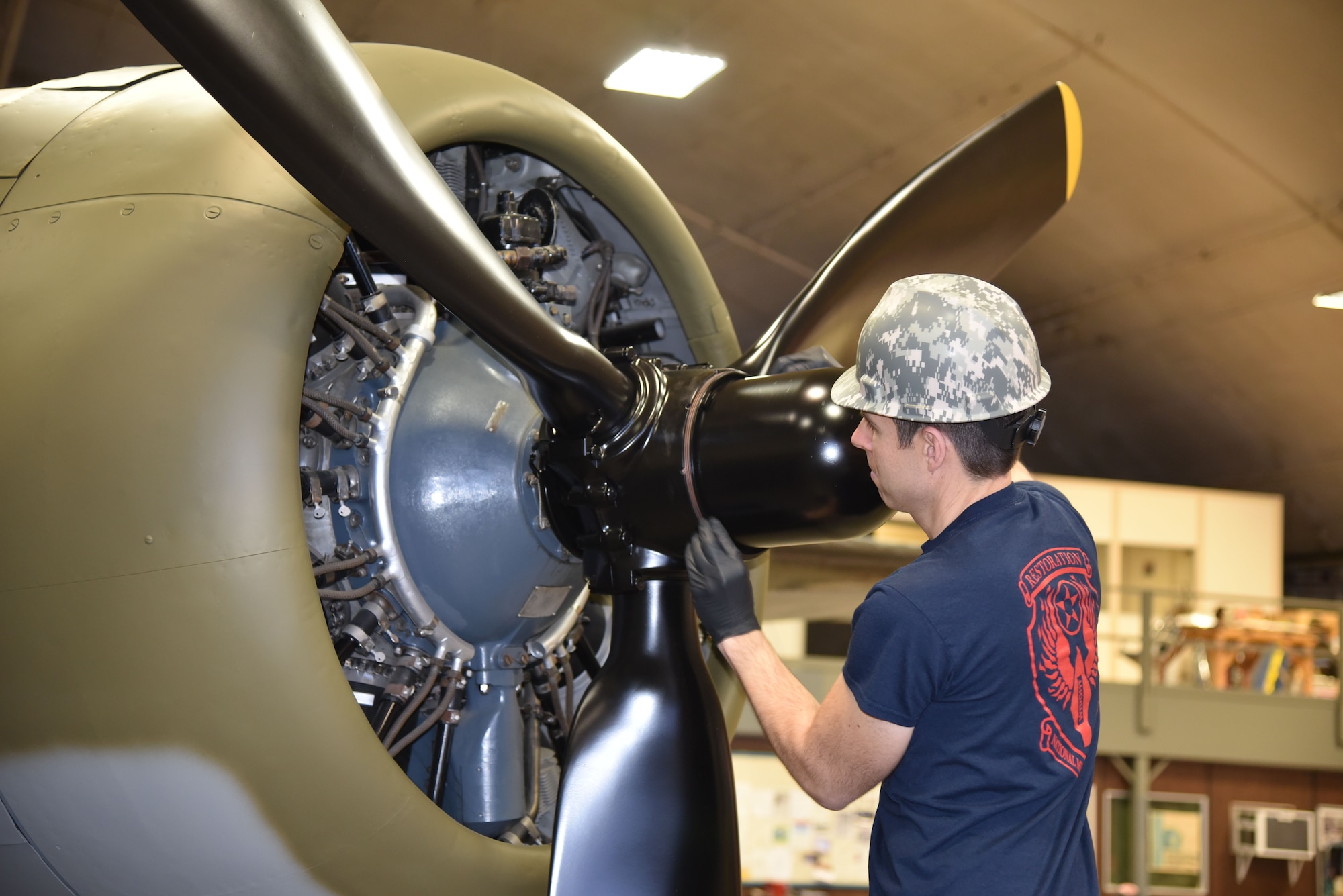 (01/23/2018) -- National Museum of the U.S. Air Force restoration crews installing propeller number one on the Boeing B-17F Memphis Belle™. Plans call for the aircraft to be placed on permanent public display in the WWII Gallery here at the National Museum of the U.S. Air Force on May 17, 2018. (U.S. Air Force photo by Ken LaRock)