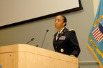 Army Lt. Col. Corrinne Bell speaks during her promotion ceremony at DLA Troop Support in Philadelphia, Jan. 19, 2018.
