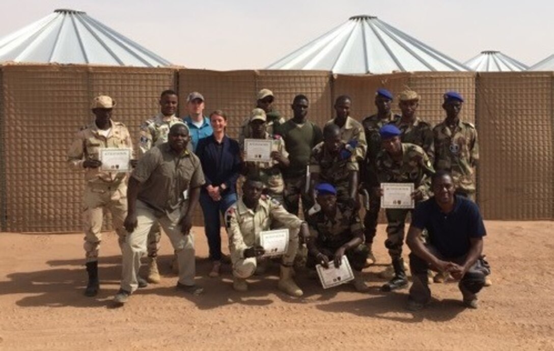 Participants display their certificates after successfully completing the inaugural DTAMS in Niger conducted by the AFOSI 25 EFIS Dec. 11-14 and 19-22, 2017. (Photo submitted by SA Helen Marino)