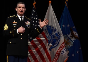 U.S. Army Command Sgt. Maj. Drury Puckett III, U.S. Army Aviation School NCO Academy commandant, provides opening remarks during the Sergeant Audie Murphy Club Induction Ceremony at Joint Base Langley-Eustis, Va., Jan. 21, 2018.
