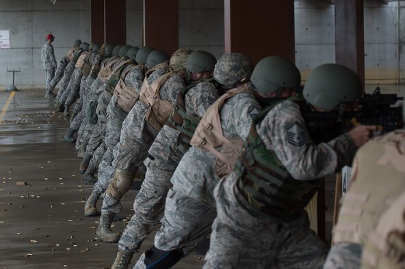 U.S. Air Force Airmen fire M-4 Carbines at targets during training at the combat arms training and maintenance range at Joint Base Langley-Eustis, Va., Jan. 23, 2018.