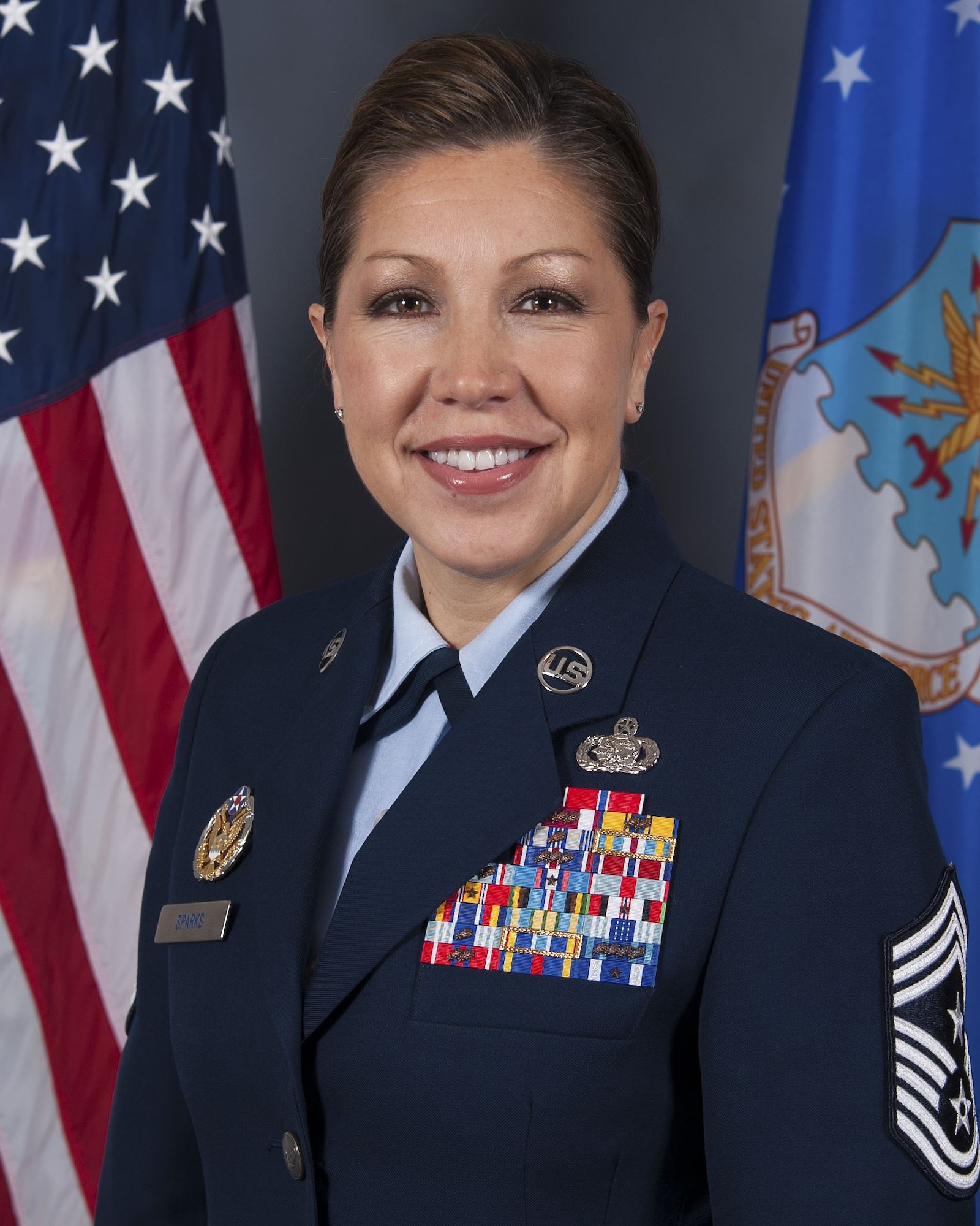 U.S. Air Force Chief Master Sgt. Sarah A. Sparks, command chief of the 6th Air Mobility Wing, poses for a photo at MacDill Air Force Base, Fla., Jan. 12, 2018. Sparks is the new command chief and arrived at MacDill in early January. (U.S. Air Force photo by Airman 1st Class Ashley Perdue)