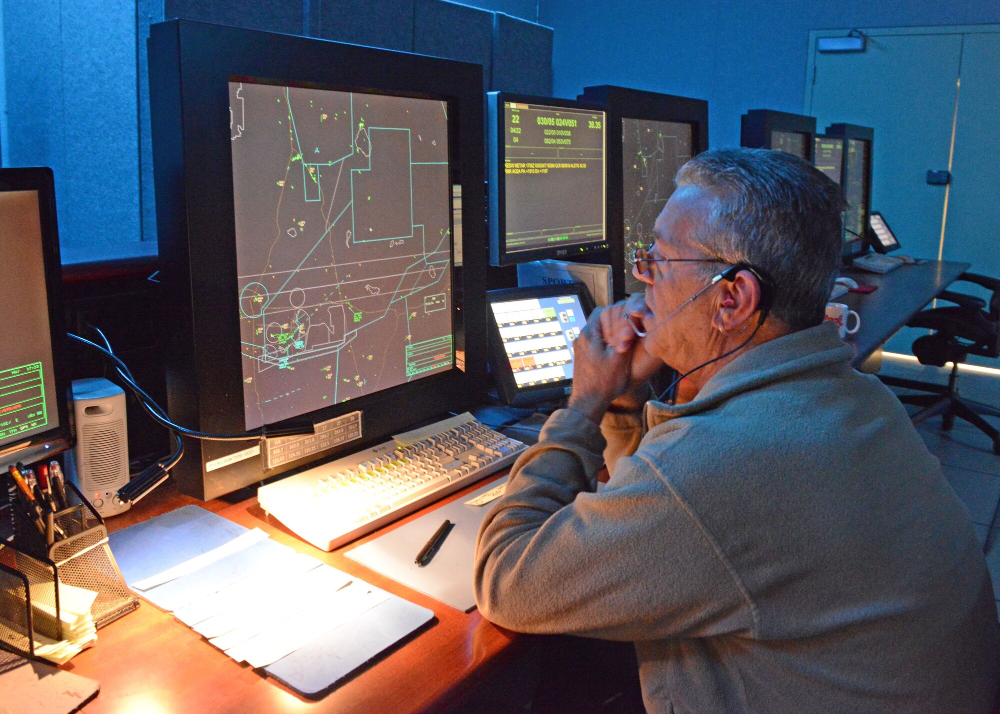 Last December, air traffic controller Harold Watson III, 412th Operations Support Squadron, Space Positioning Optical Radar Tracking, or SPORT, tracks and maintains communication with Edwards pilots and other air traffic control facilities, which plays a crucial role in the test mission. (U.S. Air Force photo by Kenji Thuloweit)