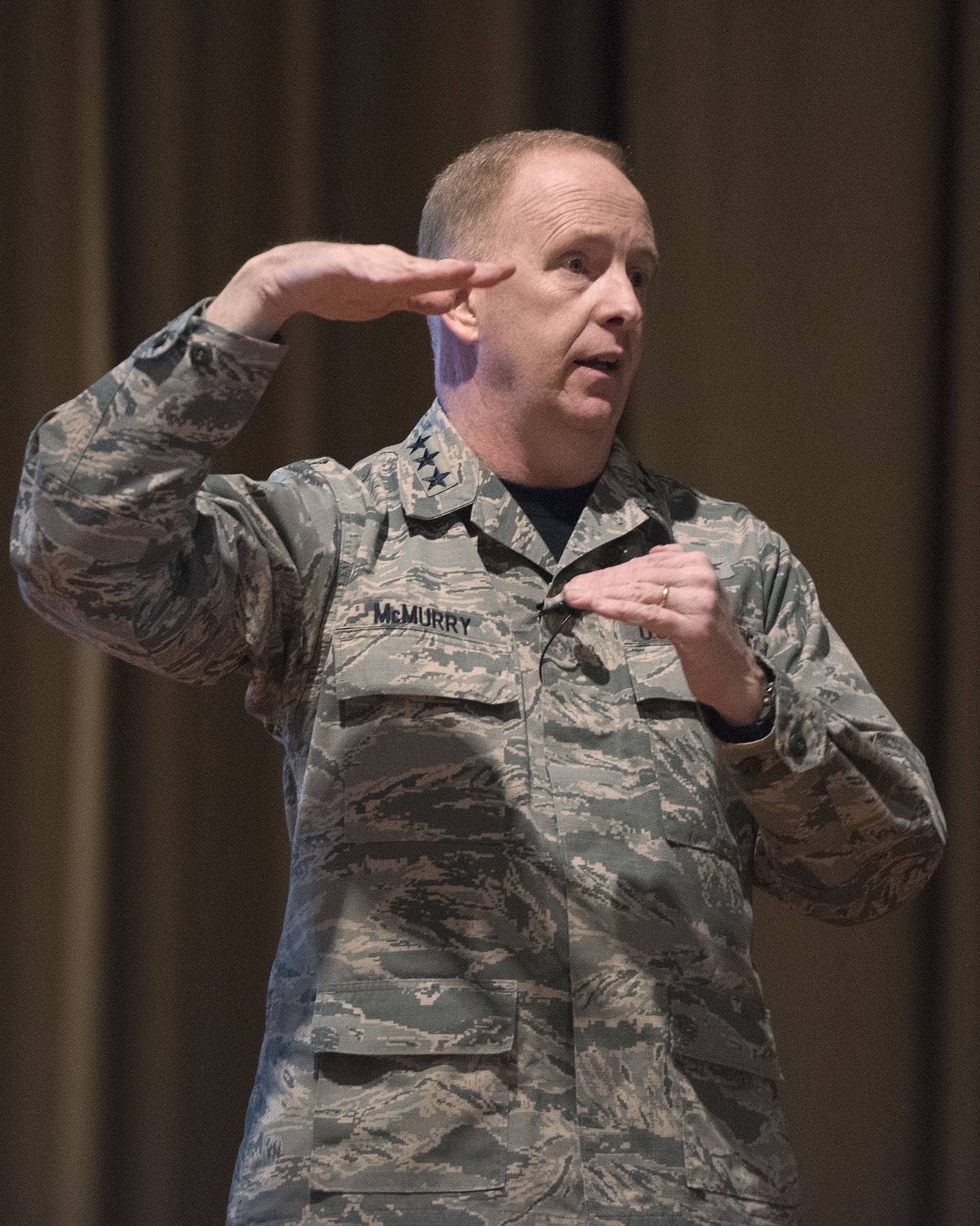 Lt. Gen. Robert D. McMurry, Air Force Life Cycle Management Center commander, talks to his Airmen Jan. 19, 2018, during a commander’s call in the Wright-Patterson Air Force Base, Ohio, Theater. (U.S. Air Force photo by R.J. Oriez)