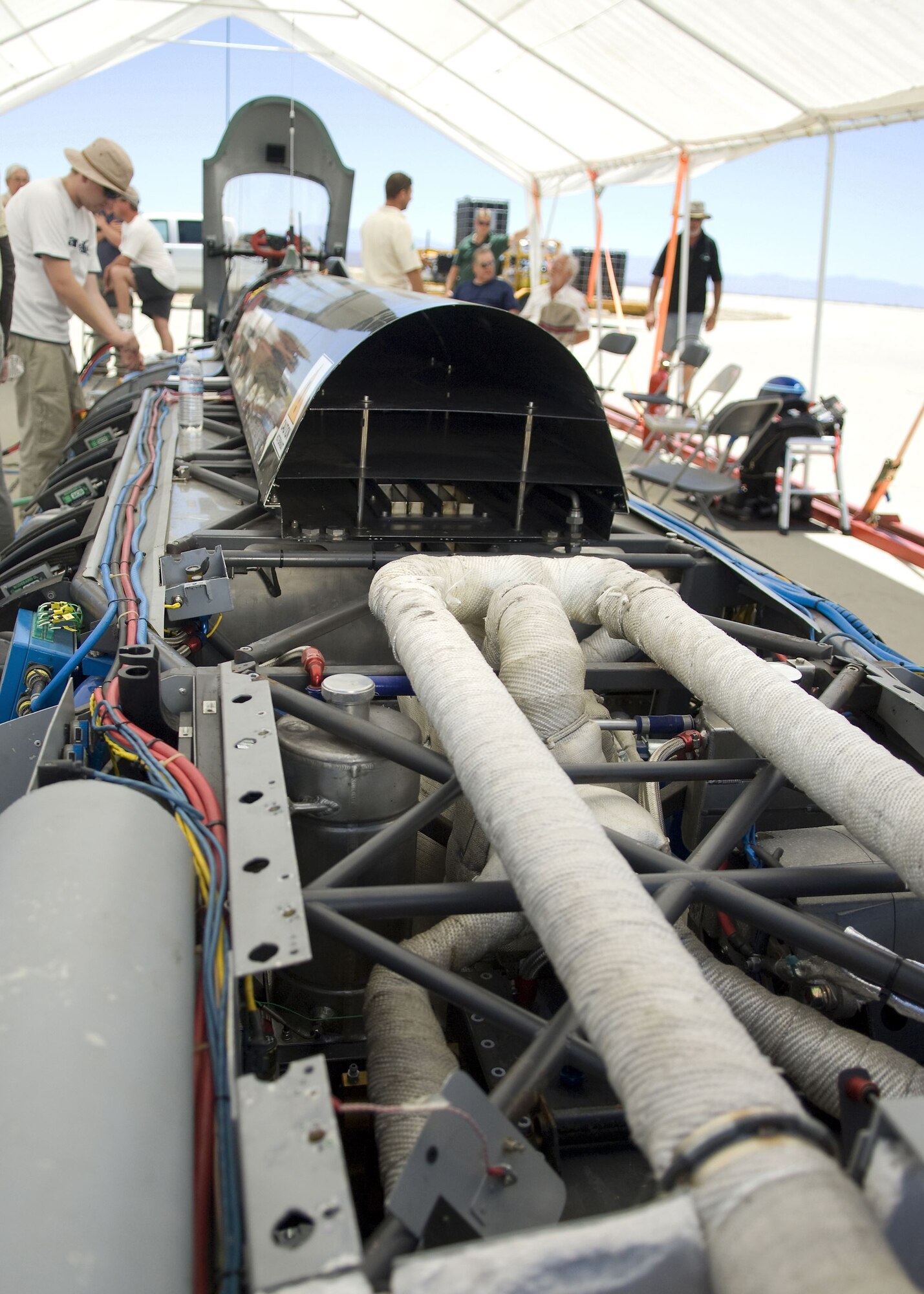 The British steam car performs its basic operational trial April 1, 2009, at former World War II Royal Air Force Base Thorney Island in England. Steam heated by liquid petroleum powered the car. The car was brought to Edwards Air Force Base, California, to use the lake bed as a natural environment to test the car's technology. (Courtesy photo)