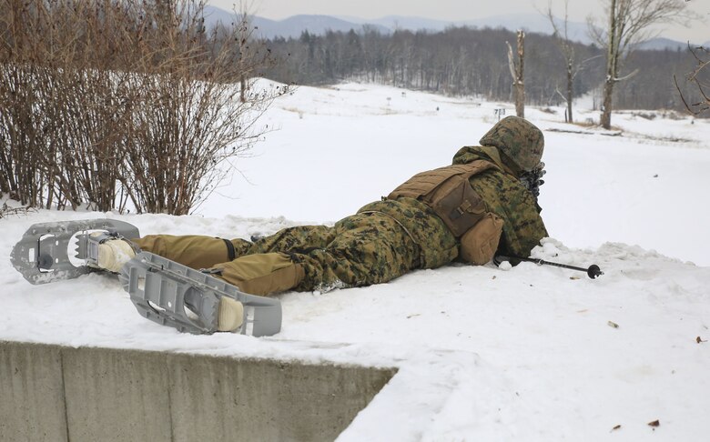 Lance Cpl. Kyle Alford, rifleman with Company B, 1st Battalion, 24th Marines, 25th Marine Regiment, 4th Marine Division, conducts rifle marksmanship training during exercise Nordic Frost at Camp Ethan Allen Training Site in Jericho, Vt., Jan. 19, 2018. The exercise allowed Marines to demonstrate their ability to operate in a cold weather mountainous environment, conducting land navigation, marksmanship training, demolitions, call for fire training and other core competencies. (U.S. Marine Corps photo by Pfc. Samantha Schwoch/released)