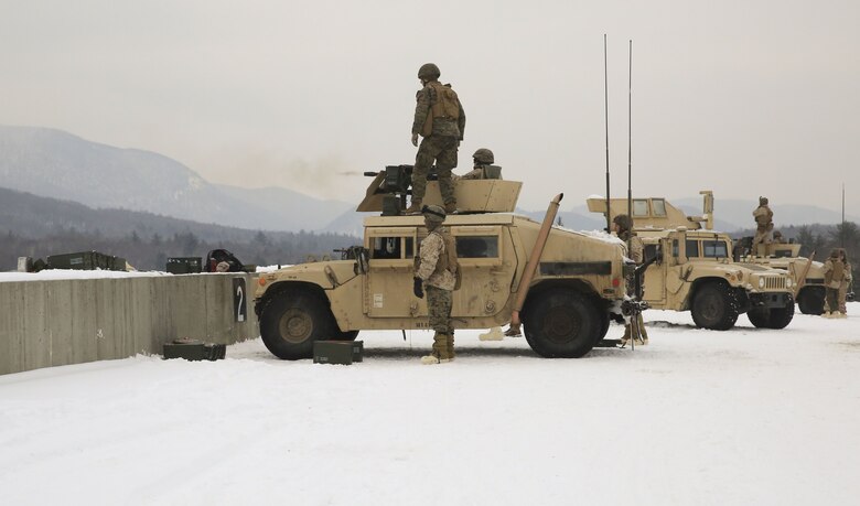 Marines with Weapons Company, 1st Battalion, 24th Marines, 25th Marine Regiment, 4th Marine Division, fire mounted MK-19 grenade launchers during exercise Nordic Frost at Camp Ethan Allen Training Site in Jericho, Vt., Jan. 19, 2018. The exercise allowed Marines to demonstrate their ability to operate in a cold weather mountainous environment, conducting land navigation, marksmanship training, demolitions, call for fire training and other core competencies. (U.S. Marine Corps photo by Pfc. Samantha Schwoch/released)