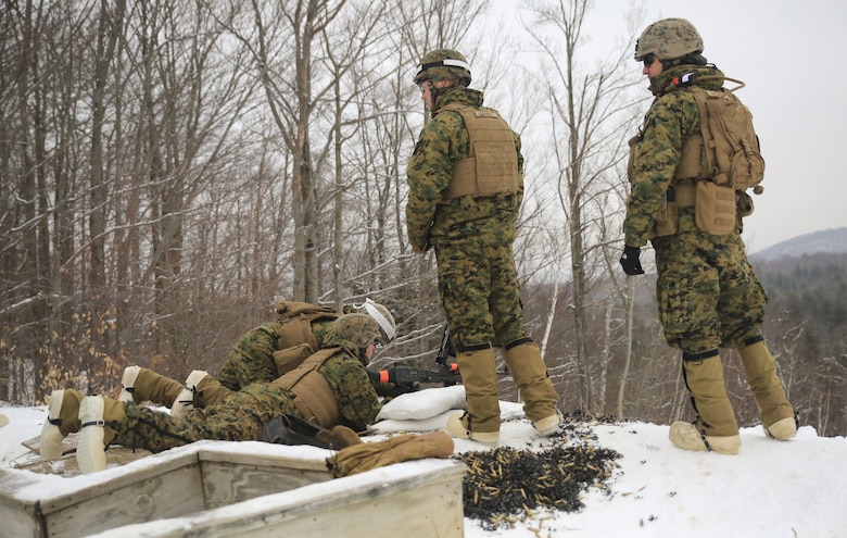 Marines with 1st Battalion, 24th Marines, 25th Marine Regiment, 4th Marine Division, prepare to fire the M240 machine gun during exercise Nordic Frost at Camp Ethan Allen Training Site in Jericho, Vt., Jan. 19, 2018. The goal of Nordic Frost was to improve the unit’s environmental capabilities by giving them an introduction to cold weather training and testing their squad and fire team level defensive proficiency in an austere environment. (U.S. Marine Corps photo by Pfc. Samantha Schwoch/released)
