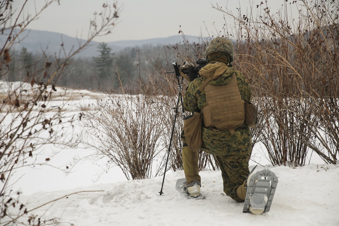 Lance Cpl. Kyle Alford, rifleman with Company B, 1st Battalion, 24th Marines, 25th Marine Regiment, 4th Marine Division, conducts rifle marksmanship training during exercise Nordic Frost at Camp Ethan Allen Training Site in Jericho, Vt., Jan. 19, 2018. The goal of Nordic Frost was to improve the unit’s environmental capabilities by giving them an introduction to cold weather training and testing their squad and fire team level defensive proficiency in an austere environment. (U.S. Marine Corps photo by Pfc. Samantha Schwoch/released)