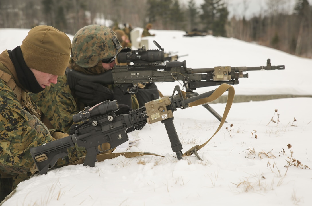 Marines with Company C, 1st Battalion, 24th Marines, 25th Marine Regiment, 4th Marine Division, conduct practical application techniques during exercise Nordic Frost at Camp Ethan Allen Training Site in Jericho, Vt., Jan. 20, 2018. The exercise allowed Marines to demonstrate their ability to operate in a cold weather mountainous environment, conducting land navigation, marksmanship training, demolitions, call for fire training and other core competencies. (U.S. Marine Corps photo by Pfc. Samantha Schwoch/released)