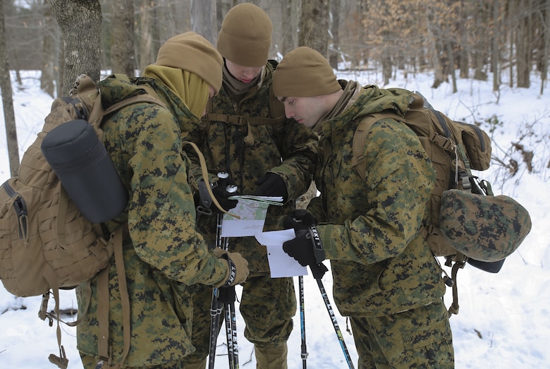 Marines with Company B, 1st Battalion, 24th Marines, 25th Marine Regiment, 4th Marine Division, conduct land navigation training during exercise Nordic Frost at Camp Ethan Allen Training Site in Jericho, Vt., Jan. 20, 2018. Nordic Frost enabled Reserve Marines to spend two weeks working together, battling the elements to ensure that they are ready to fight tonight and respond to the nation’s calls. (U.S. Marine Corps photo by Pfc. Samantha Schwoch/released)