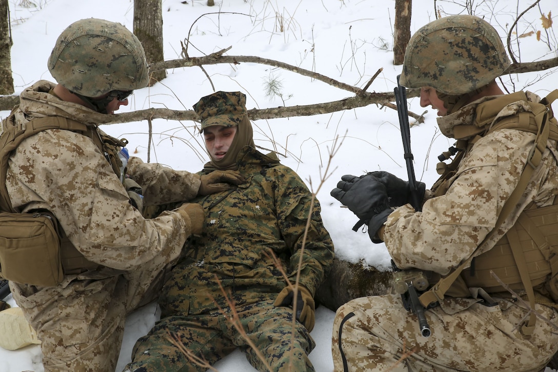 Marines with Weapons Company, 1st Battalion, 24th Marines, 25th Marine Regiment, 4th Marine Division, conduct medical evacuation techniques during exercise Nordic Frost at Camp Ethan Allen Training Site in Jericho, Vt., Jan. 22, 2018. The goal of Nordic Frost was to improve the unit’s environmental capabilities by giving them an introduction to cold weather training and testing their squad and fire team level defensive proficiency in an austere environment. (U.S. Marine Corps photo by Pfc. Samantha Schwoch/released)