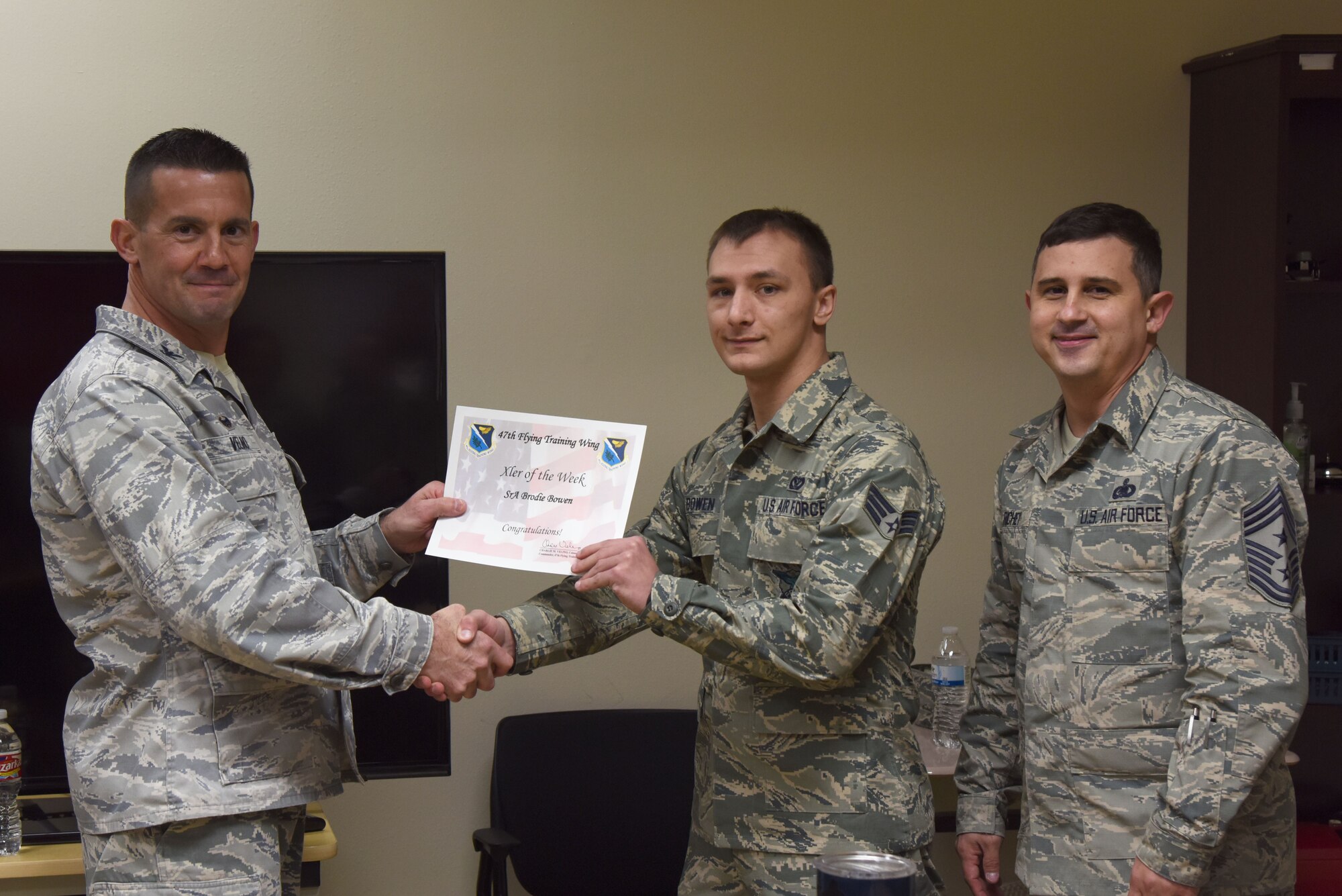 Senior Airman Brodie Bowen, 47th Civil Engineer Squadron fire emergency services driver operator, was chosen by wing leadership to be the “XLer” for the week of Jan. 15, 2018. The “XLer” award, presented by Col. Charlie Velino, 47th Flying Training Wing commander, is given to those who consistently make outstanding contributions to their unit and the Laughlin mission.