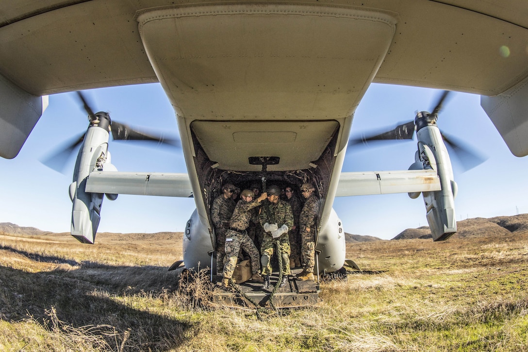 A group of Marines crowds around a rope in the back of an aircraft parked in a field.