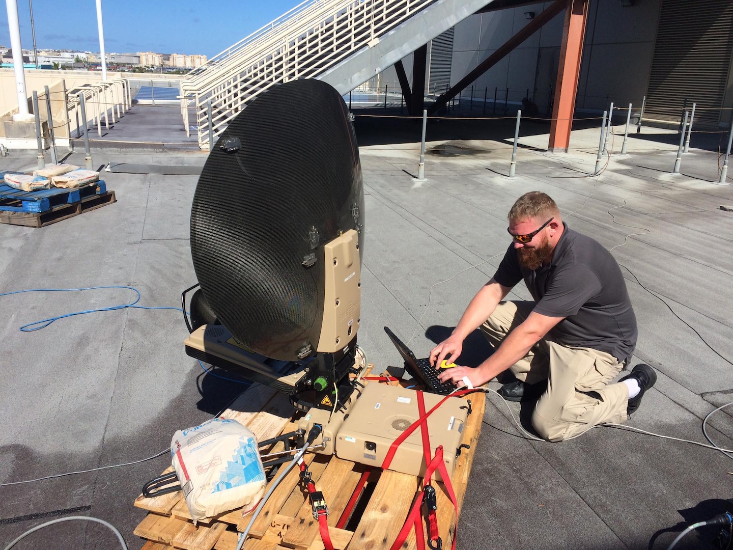 Mark Bossen, one of two information technology specialists on DLA’s rapid deployment Red Team, runs diagnostics on communications equipment during the early stages of humanitarian-relief efforts following Hurricane Maria in Puerto Rico. The team was deployed there for five weeks.