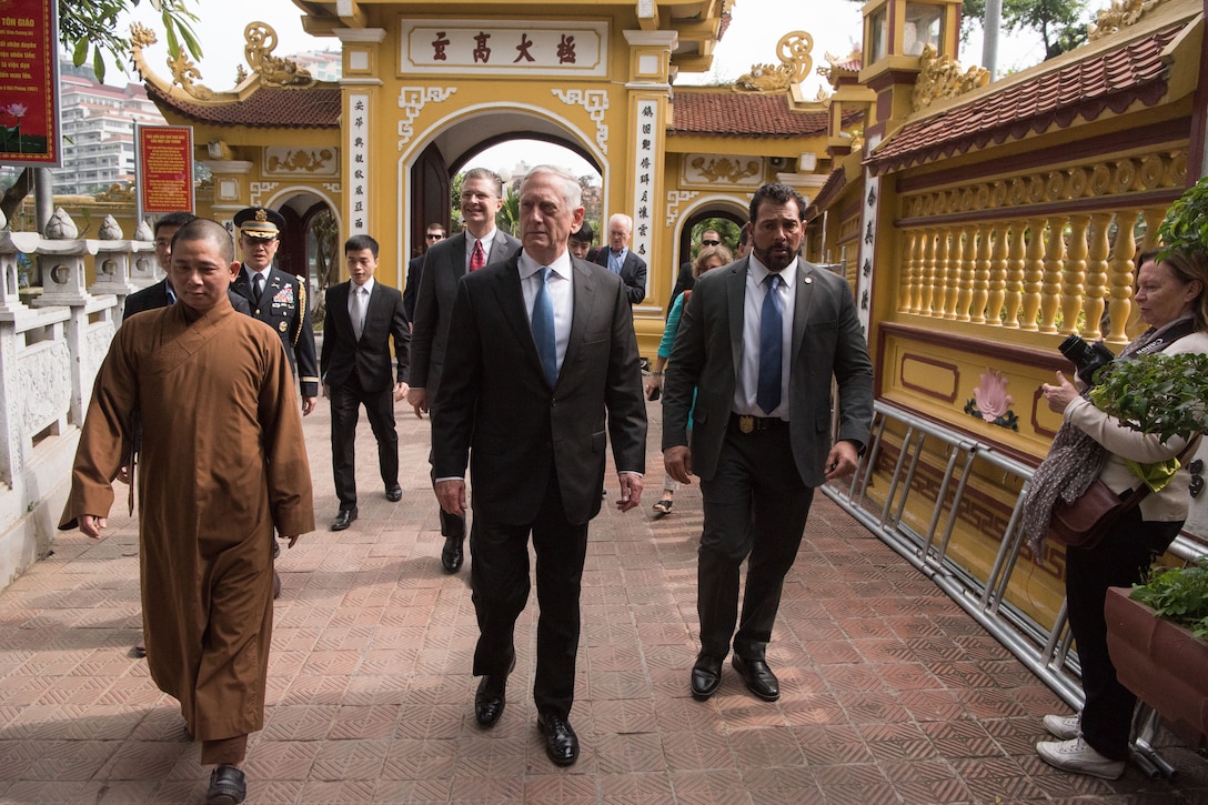 Defense Secretary James N. Mattis tours the Trấn Quốc Pagoda in Vietnam.