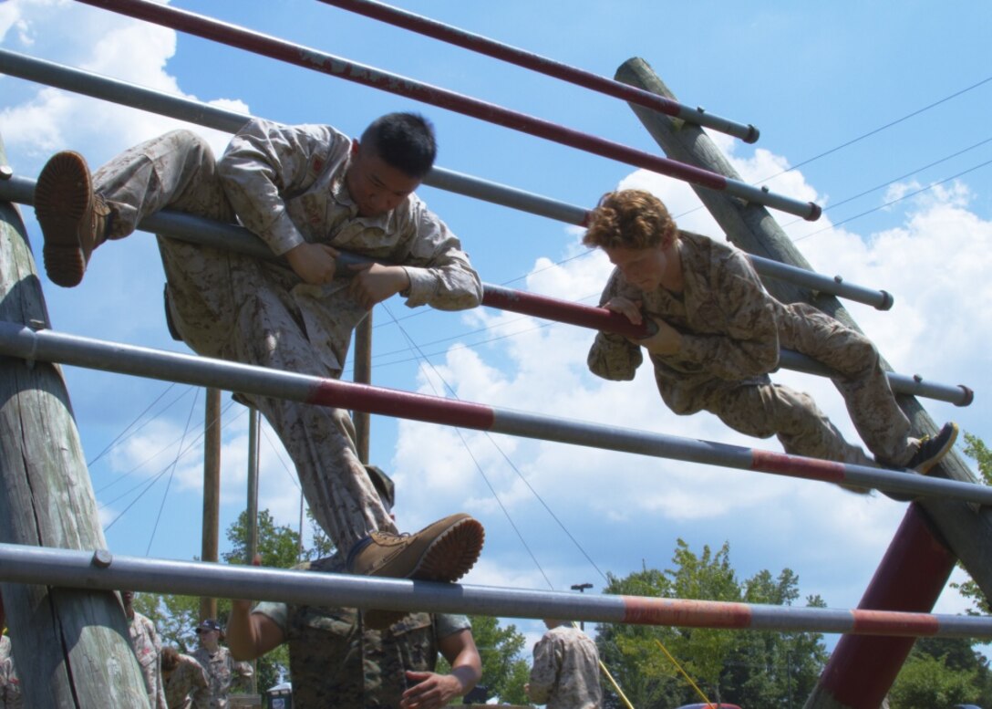 Participants of the 2017 Summer Leadership and Character Development Academy (SLCDA) negotiate a part of the confidence course at Officer Candidates School aboard Marine Corps Base Quantico, Va., July 17. The SLCDA is a six-day summer program designed to prepare rising high school juniors and seniors for college by introducing them to Marine Corps skills, ethics, character development, teamwork and camaraderie.