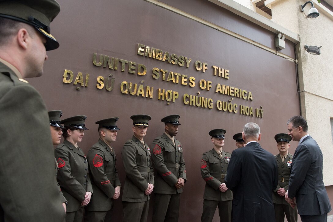 Defense Secretary James N. Mattis speaks with Marines in Vietnam.