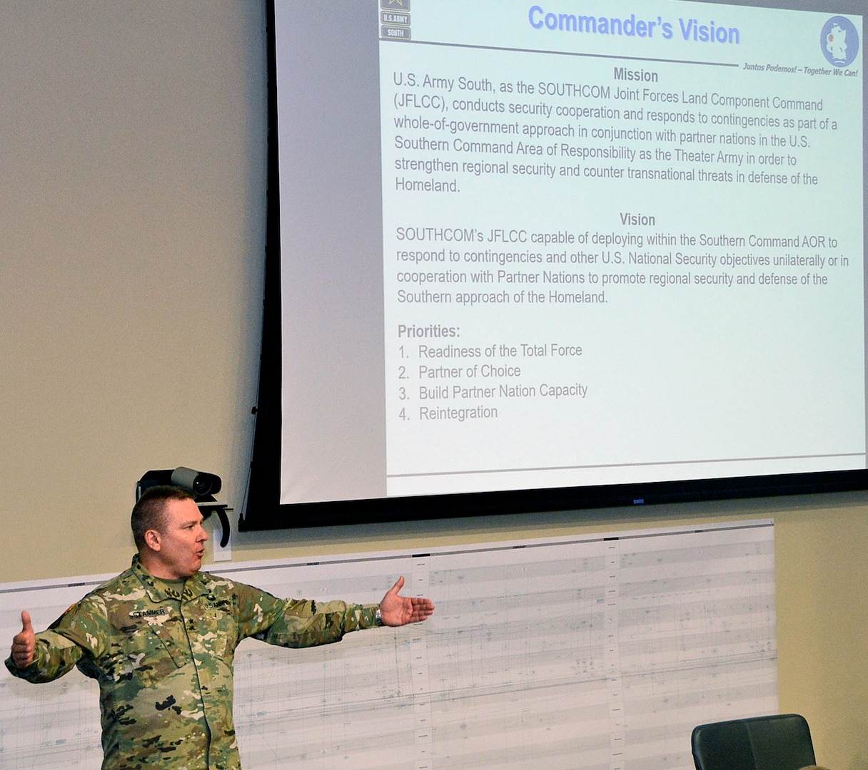 Maj. Gen. Mark R. Stammer, U.S. Army South commanding general, gives his vision for the future of Army South during the annual Army South Offsite Conference, held at Joint Base San Antonio-Fort Sam Houston Jan. 19. The conference allowed the general to give guidance to the command.