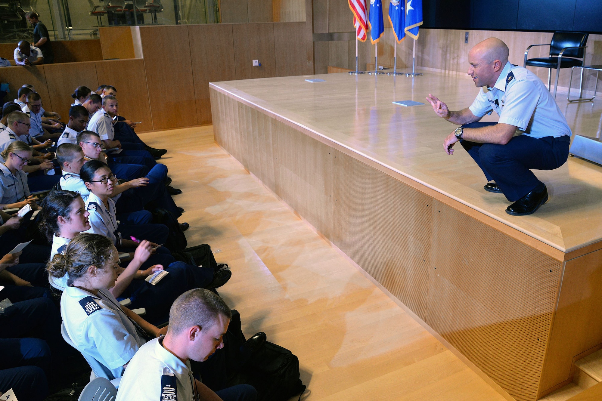 Lt. Col. Robert Marshall, right, Center for Character and Leadership Development director for experiential education programs and honor education, speaks with cadets Aug. 7, 2017, at the U.S. Air Force Academy, Colo. Marshall is currently developing a summer program that encourages cadets to learn and overcome challenges, risk, and failure that can't be replicated in a classroom via outdoor experiences. (Courtesy photo)