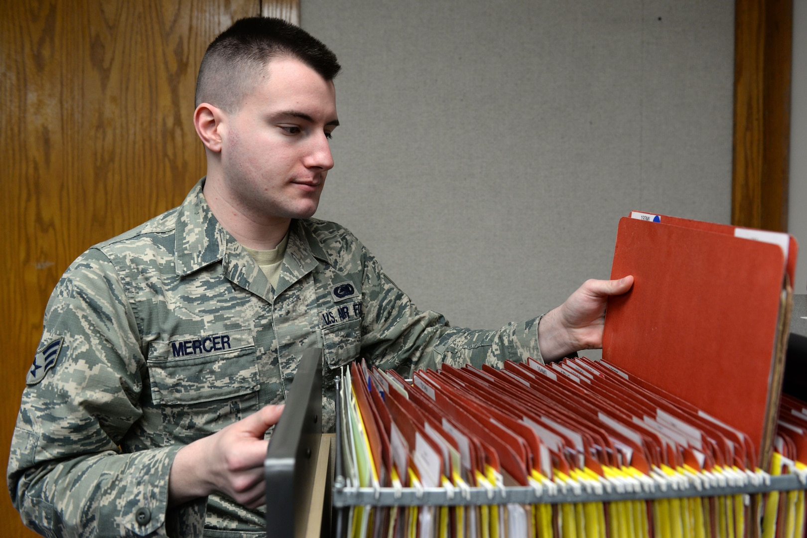 Senior Airman Christopher Mercer, with the 673d Logistics Readiness Squadron’s Equipment Accountability Element, looks through account files during a monthly inspection, Jan. 18, 2018, at Joint Base Elmendorf-Richardson, Alaska. EAE works with more than 130 different accounts serving as equipment review and authorization activity, and is responsible for updating base level data.