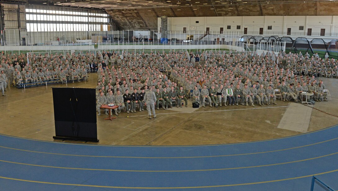 Airmen from the 28th Bomb Wing attend an 8th Air Force all call in the Pride Hangar at Ellsworth Air Force Base, S.D., Jan. 23, 2018. Maj. Gen. Thomas Bussiere, the 8th Air Force commander, and Chief Master Sgt. Alan Boling, the 8th AF Command Chief Master Sergeant, spoke to Airmen about the importance of the 28th Bomb Wing’s heritage. (U.S. Air Force photo by Airman 1st Class Nicolas Z. Erwin)