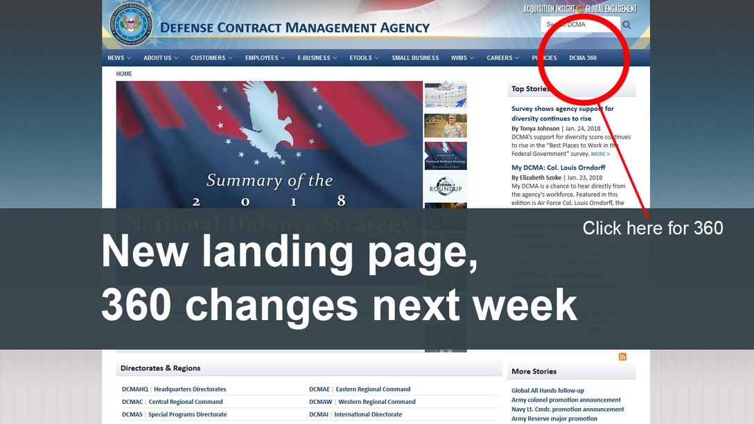 Starting Feb. 1, Internet Explorer on a Defense Contract Management Agency computer will automatically open to the agency’s public website, www.dcma.mil. From here, employees can click on “DCMA 360” on the upper right navigation bar to reach the 360 homepage. (DCMA graphic)